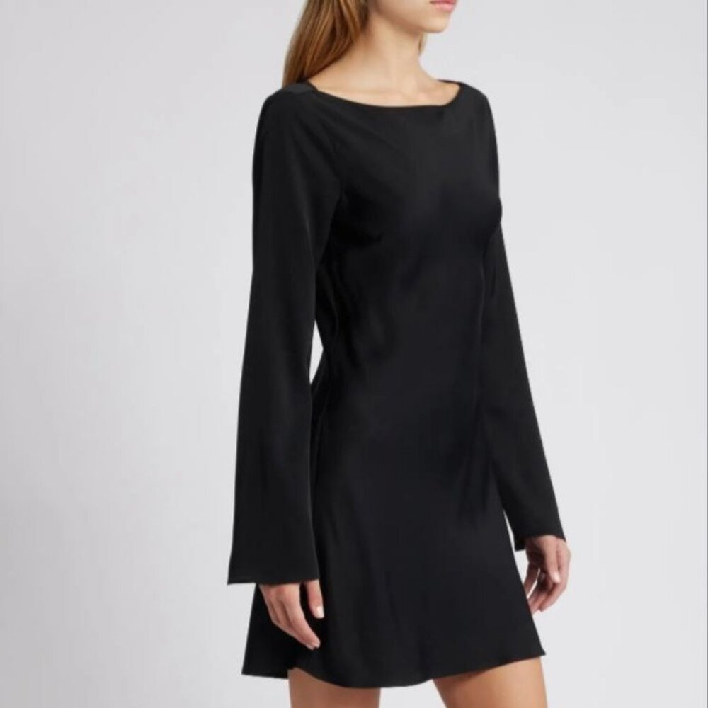 $148 French Connection Ennis Long Sleeve Satin Minidress Black Size 6